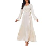 Generisch Robe de soirée musulmane pour femme - Style Dubaï - Caftan pleine longueur - Broderie florale - Robe marocaine islamique turque - Mariage - Soirée - Ceinture 2 pièces - Noir, A1 blanc., XXL