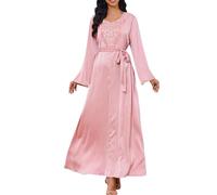 Generisch Robe de soirée musulmane pour femme - Style Dubaï - Caftan pleine longueur - Broderie imprimé floral - Robe marocaine islamique turque - Mariage - Soirée - Ceinture 2 pièces - Noir, M