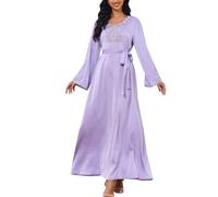 Generisch Robe de soirée musulmane pour femme - Style Dubaï - Caftan pleine longueur - Broderie imprimé floral - Robe marocaine islamique turque - Mariage - Soirée - Ceinture 2 pièces - Noir, A1