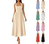 Generisch Robe de soirée pour femme - Sans manches - Robe d'été élégante - Taille haute - Robe midi - Robe de soirée pour mariage, bal de fin d'année - Couleur unie - Dos nu - Robe de bal - Robe de