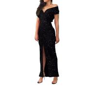 Generisch Robe de soirée sexy à paillettes pour femme - Taille haute - Fente latérale - Robe longue élégante - Col en V - Robe de cocktail - Robe de bal - Robe longue - Épaules dénudées - Costume de