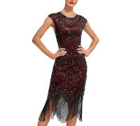 Generisch Robe de soirée style années 1920, longueur genou, ourlet à pompons, robe de cocktail à paillettes avec ensemble d'accessoires des années 20, rouge, L