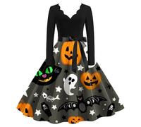 Generisch Robe de sorcière d'Halloween élégante rétro col en V à manches longues 2025, bleu clair, M