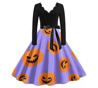 Generisch Robe de sorcière d'Halloween élégante rétro col en V à manches longues 2025, lilas, XXL