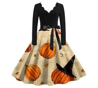 Generisch Robe de sorcière d'Halloween élégante rétro col en V à manches longues 2025, Noir , M