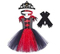 Generisch Robe de vampire pour fille - Costume de vampire pour fille - Robe gothique en tulle pour adolescente - Avec couronne, gants et chaîne de clavicule - Robe en tulle pour 2 à 12 ans