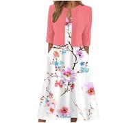 Generisch Robe décontractée pour femme avec col en V et manches, ensemble de robe avec veste courte pour le quotidien, les rendez-vous, les vacances, les tenues de printemps et d'automne, Rose clair