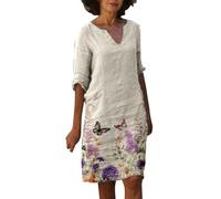 Generisch Robe décontractée pour femme avec col en V - Motif élégant - Imprimé - Manches mi-longues - Robe décontractée pour les occasions - Coupe moulante - Tissu facile d'entretien - Polyvalent