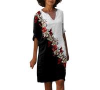 Generisch Robe décontractée pour femme avec col en V - Motif élégant - Imprimé - Manches mi-longues - Robe décontractée pour les occasions - Coupe moulante - Tissu facile d'entretien - Polyvalent