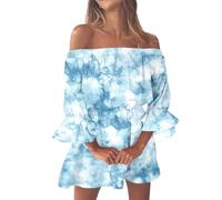 Generisch Robe décontractée pour femme avec imprimé floral, manches pétales comme épaules dénudées, tenue d'été pour une tenue confortable au quotidien pendant la saison chaude, bleu ciel, L