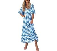 Generisch Robe d'été au design bohème avec col en V et manches mi-longues pour une mode décontractée et des tenues de voyage comme robe longue élégante avec ceinture à nouer, bleu, M