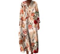 Generisch Robe d'été décontractée à manches courtes pour femme - Col en V - Imprimé floral - Robe de plage - Robe midi - Robe fourreau élégante - Épissure transparente, 4-marron, L