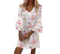 Generisch Robe d'été élégante pour femme avec manches cloches, trois couches, volants, col en V, mini robe ample avec imprimé floral, i, XL