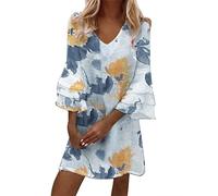 Generisch Robe d'été élégante pour femme avec manches cloches, trois couches, volants, col en V, mini robe ample avec imprimé floral, g, M