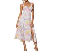 Generisch Robe d'été pour femme avec fente, bretelles spaghetti, motif floral midi, décolleté profond, col carré, motif floral, plissé, cordon de serrage, Motif 2., S