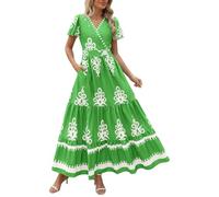 Generisch Robe d'été pour femme Col en V Fluide Maxi Aline Design sans manches Motif floral Confortable Mode décontractée Poche légère Forme élégante, vert, XXL