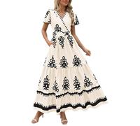 Generisch Robe d'été pour femme Col en V Fluide Maxi Aline Design sans manches Motif floral Confortable Mode décontractée Poche légère Forme élégante, Blanc., XXL
