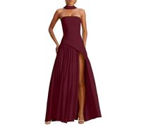 Generisch Robe d'été pour femme - Robe décontractée élégante sans bretelles - Robe midi pour mariage, fête, cocktail, soirée formelle, printemps, été, couleur pure, rouge, M