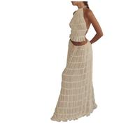 Generisch Robe d'été pour femme - Robe décontractée en mousseline de soie plissée - Jupe maxi - Col crop top avec perles en bois, Blanc., XL