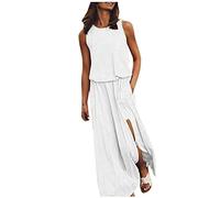 Generisch Robe d'été pour femme - Robe maxi sans manches - Col rond - Robe unie avec ouverture fourchette - Robe d'été pour femme - Longueur genou, Blanc., XL