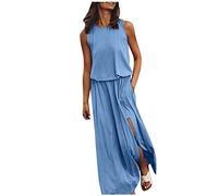 Generisch Robe d'été pour femme - Robe maxi sans manches - Col rond - Robe unie avec ouverture fourchette - Robe d'été pour femme - Longueur genou, bleu, XXL