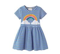 Generisch Robe d'été pour fille avec motif brodé à rayures arc-en-ciel, petite robe de princesse pour fête au quotidien, bleu, 4-5 ans