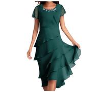 Generisch Robe d'été unie 2025 pour femme : inserts en mousseline de soie à manches courtes avec col rond, robe décontractée avec ourlet ondulé robe de princesse pour femmes tulle courte, vert, XL