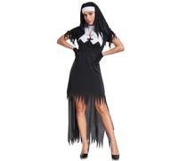 Generisch Robe d'Halloween pour femme - Costume d'Halloween pour femme - Noir effrayant - Sexy - Nonne - Horreur - Carnaval - Cosplay - Élégante robe de vampire (robe, chapeau, gants, collier)