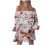Generisch Robe d'Halloween pour femme - Imprimé sanglant - Une épaule dénudée - Robe amincissante à manches pétales (1), Gris clair., S