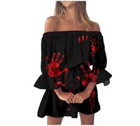 Generisch Robe d'Halloween pour femme - Imprimé - Une épaule dénudée - Robe amincissante à manches pétales (1), Noir , XXL