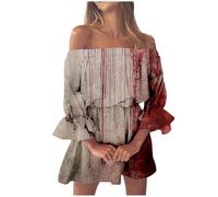 Generisch Robe d'Halloween pour femme - Imprimé - Une épaule dénudée - Robe amincissante à manches pétales (1), kaki, L