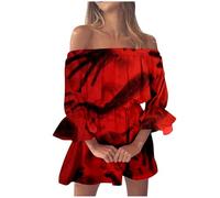 Generisch Robe d'Halloween pour femme - Imprimé - Une épaule dénudée - Robe amincissante à manches pétales (1), rouge, M