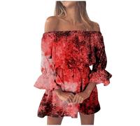 Generisch Robe d'Halloween pour femme - Imprimé - Une épaule dénudée - Robe amincissante à manches pétales (1), Rouge pastèque, XXL