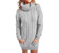 Generisch Robe d'hiver courte en tricot pour femme avec col roulé - Coupe ajustée - Manches longues - Col roulé - Robe pull épaisse et chaude - Élégante avec motif torsadé - Couleur unie - Pull en