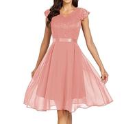 Generisch Robe d'hiver pour femme à manches courtes pour femme - Robe de mariée pour le mariage - Robe de soirée formelle mi-longue en dentelle - Robe élégante en mousseline de soie pour femme, Rose,