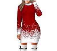 Generisch Robe d'hiver pour femme - Manches longues - Col rond - Avec imprimé flocons de neige - Robe de Noël - Coupe ajustée - Robe midi - Élégance tendance - Robe de Noël - Robe crayon, rouge, S