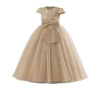 Generisch Robe élégante pour fille avec manches flottantes brodées et nœud pour les occasions festives et les tenues de fête tutu, kaki, 10-11 ans