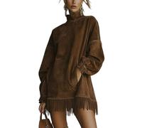 Generisch Robe en daim douillette avec col roulé et franges à l'ourlet, mini robe en velours avec pompons, robe vintage à manches longues et poches, marron, S