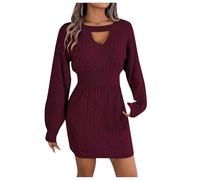 Generisch Robe en tricot pour femme avec motif torsadé et détail découpé - Robe pull moulante pour l'automne | Mini robe à manches longues avec manches ballons, Style_v02 Rouge, L