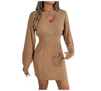 Generisch Robe en tricot pour femme avec motif torsadé et détail découpé - Robe pull moulante pour l'automne | Mini robe à manches longues avec manches ballons, Style_v01 Kaki, L