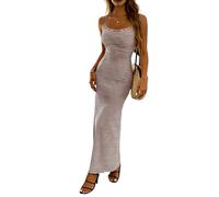 Generisch Robe en tricot pour femme - Couleur unie - Élégante - Sans manches - Col en U - Robe pull rayée - Robe longue moulante - Robe décontractée pour danse, club, bar, fête, marron, M