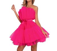 Generisch Robe en tulle pour femme - Courte - Sans bretelles - Sexy - Épaules dénudées - Volants - Couleur unie - Mini robe de soirée - Robe de carnaval - Robe de soirée, Rose chaud., XL
