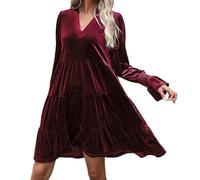 Generisch Robe en velours pour femme avec col en V - Robe nuisette à manches longues - Robe tunique décontractée pour l'automne et l'hiver, Style_x04 Rouge, XL