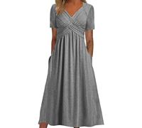 Generisch Robe évasée à manches courtes décontractée ample robe longue avec poches robe rouge à manches longues femmes, gris, M