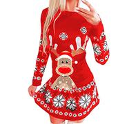 Generisch Robe Femme Élégante Robe Noire pour Femmes Manches Longues Col Rond Robe Mode Noël Flocon de Neige Imprimé Décontracté Robes de Fête Robe à Manches Longues Fleurs Femme, rouge, L