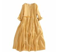 Generisch Robe Femme Lin Printemps Été Col Rond Plissé Corde de Traction Manches Sept Points autour de Mince Ample Longue Robe Tunique Robe 46, jaune, XXL