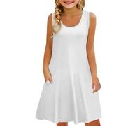 Generisch Robe Fille Sans Manches Confortable Robe Décontractée Couleur Unie Imprimée Vêtements Enfants Avec Robe Gilet De Poche Rétro Fille, Blanc., 6-7 ans