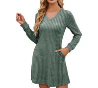 Generisch Robe florale pour femme - Col en V - Manches longues - Robe courte décontractée - Avec tissu doux - Pour le confort quotidien - Robe de soleil pour femme, vert, XXL