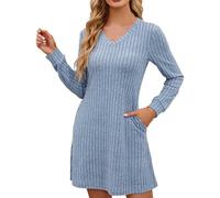 Generisch Robe florale pour femme - Col en V - Manches longues - Robe courte décontractée - Avec tissu doux - Pour le confort quotidien - Robe de soleil pour femme, bleu, S