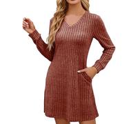 Generisch Robe florale pour femme - Col en V - Manches longues - Robe courte décontractée - Avec tissu doux - Pour le confort quotidien - Robe de soleil pour femme, marron, M